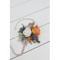  Wedding boutonnieres and wrist corsage  in rust ivory sage green color scheme. Flower accessories. 5210