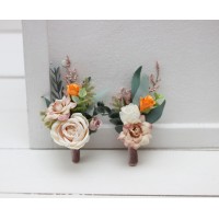  Wedding boutonnieres and wrist corsage  in rust ivory sage green color scheme. Flower accessories. 5210