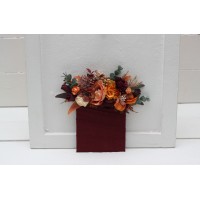 Pocket boutonniere in burgundy burnt orange rust peach color scheme. Square flowers. Flower accessories. 0502-1