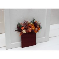 Pocket boutonniere in burgundy burnt orange rust peach color scheme. Square flowers. Flower accessories. 0502-1