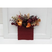 Pocket boutonniere in burgundy burnt orange rust peach color scheme. Flower accessories. 0502