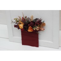 Pocket boutonniere in burgundy burnt orange rust peach color scheme. Flower accessories. 0502