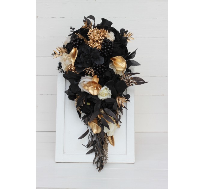Wedding bouquets in ivory black gold colors. Bridal bouquet. Cascading bouquet. Faux bouquet. Bridesmaid bouquet.Gothic black wedding bouquet. 5159