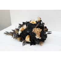 Wedding bouquets in ivory black gold colors. Bridal bouquet. Cascading bouquet. Faux bouquet. Bridesmaid bouquet.Gothic black wedding bouquet. 5159