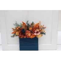 Pocket boutonniere in rust teal color scheme. Square flowers. Flower accessories. 5209