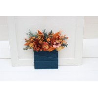 Pocket boutonniere in rust teal color scheme. Square flowers. Flower accessories. 5209