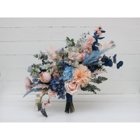 Dusty blue blush pink peach dahlia bridal bouquet. Wedding bouquet.  Faux bouquet. Bridesmaid bouquet. 5207