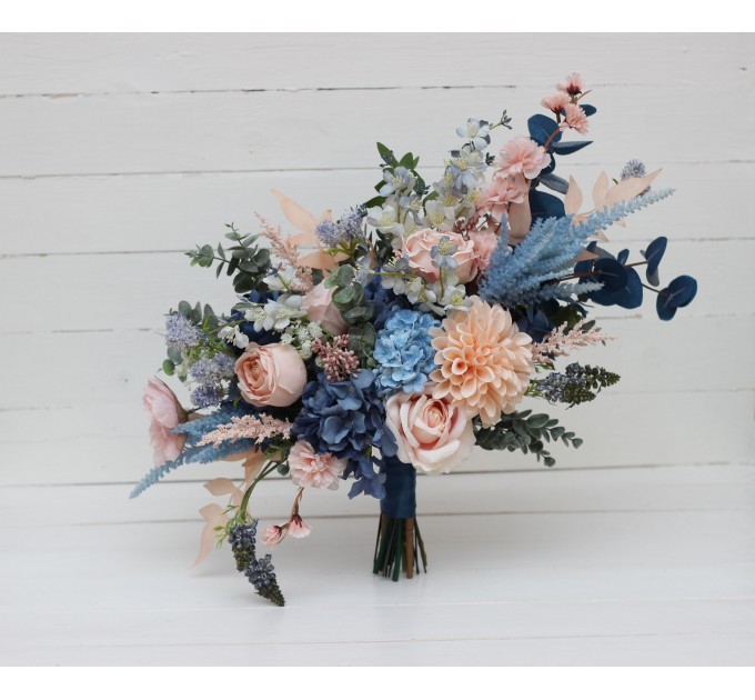 Dusty blue blush pink peach dahlia bridal bouquet. Wedding bouquet.  Faux bouquet. Bridesmaid bouquet. 5207