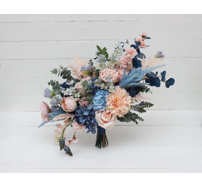 Dusty blue blush pink peach dahlia bridal bouquet. Wedding bouquet.  Faux bouquet. Bridesmaid bouquet. 5207