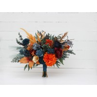 Dark teal rust gold bouquet. Navy blue orange flowers. Bridal bouquet.  Faux bouquet. Bridesmaid bouquet. 5208