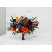 Dark teal rust gold bouquet. Navy blue orange flowers. Bridal bouquet.  Faux bouquet. Bridesmaid bouquet. 5208