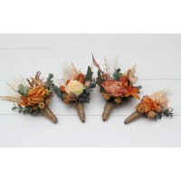  Wedding boutonnieres and wrist corsage  in cinnamon rust orange color scheme. Flower accessories. 5146