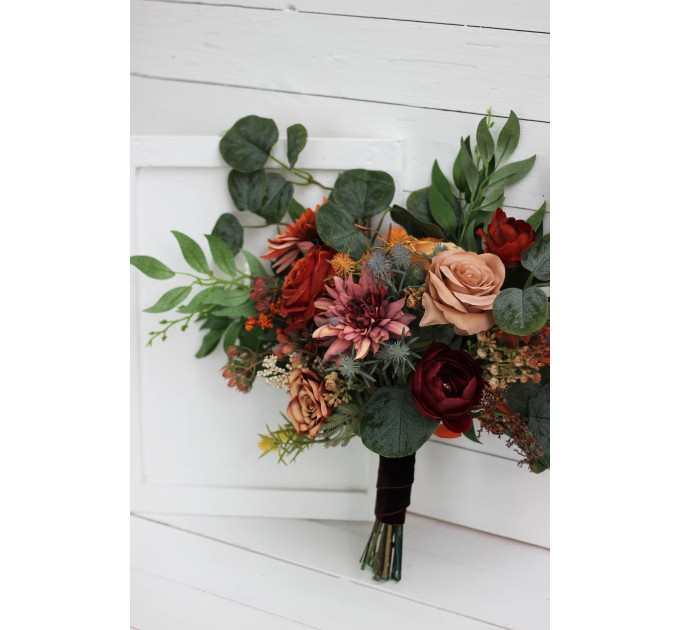 Wedding bouquets in rust terracotta burgundy colors. Bridal bouquet. Faux bouquet. Bridesmaid bouquet. 5212