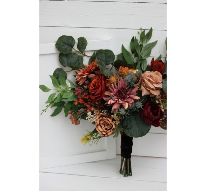 Wedding bouquets in rust terracotta burgundy colors. Bridal bouquet. Faux bouquet. Bridesmaid bouquet. 5212