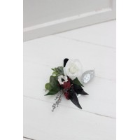  Wedding boutonnieres and wrist corsage  in burgundy black white silver color scheme. Flower accessories. 5211