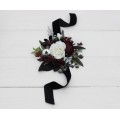  Wedding boutonnieres and wrist corsage  in burgundy black white silver color scheme. Flower accessories. 5211