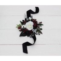  Wedding boutonnieres and wrist corsage  in burgundy black white silver color scheme. Flower accessories. 5211