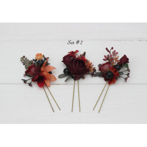  Set of  3 hair pins in  burgundy red blue color scheme. Hair accessories. Flower accessories for wedding.  5077