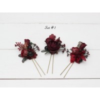  Set of  3 hair pins in  burgundy red blue color scheme. Hair accessories. Flower accessories for wedding.  5077