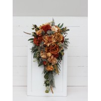 Wedding bouquets in rust orange gold colors.  Dahlia rose bridal bouquet. Cascading bouquet. Faux bouquet. Bridesmaid bouquet. 5213