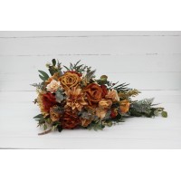 Wedding bouquets in rust orange gold colors.  Dahlia rose bridal bouquet. Cascading bouquet. Faux bouquet. Bridesmaid bouquet. 5213