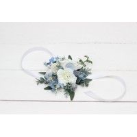  Wedding boutonnieres and wrist corsage  in sky blue white color scheme. Flower accessories. 5182