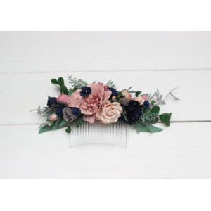 Flower comb in dusty rose navy blue color scheme. Wedding accessories for hair. Bridal flower comb. Bridesmaid floral comb. 5216