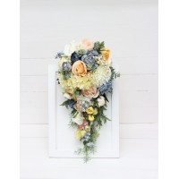 Spring summer wedding. Cascading bouquet. Peach yellow dusty blue flowers. Faux bouquet. Bridal bouquet. Silk flowers. Boho wedding. 5218