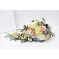 Spring summer wedding. Cascading bouquet. Peach yellow dusty blue flowers. Faux bouquet. Bridal bouquet. Silk flowers. Boho wedding. 5218