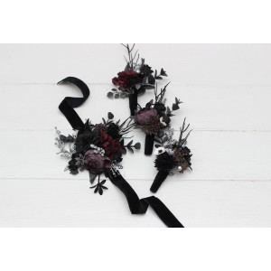  Wedding boutonnieres and wrist corsage  in silver black purple color scheme. Flower accessories. 5125
