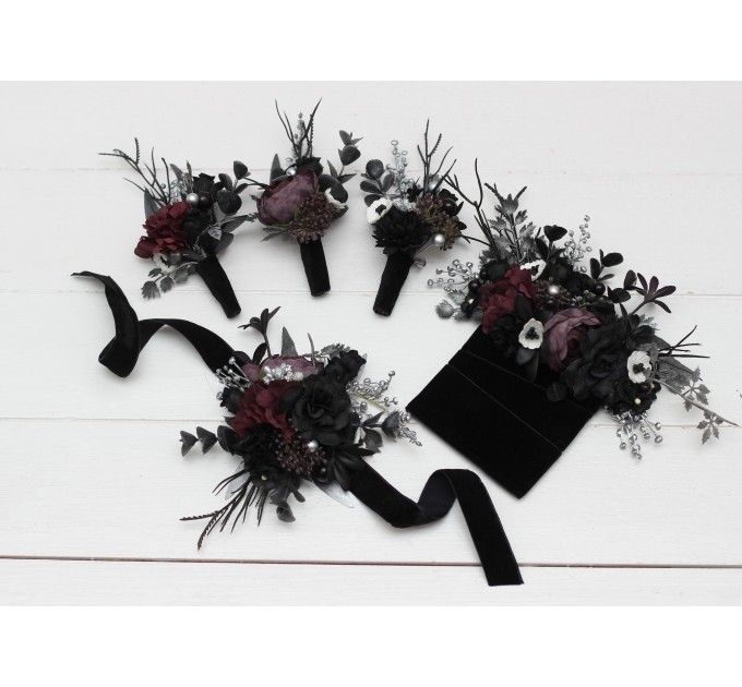  Wedding boutonnieres and wrist corsage  in silver black purple color scheme. Flower accessories. 5125