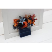 Pocket boutonniere in navy blue rust color scheme. Flower accessories. Square flowers. 5219