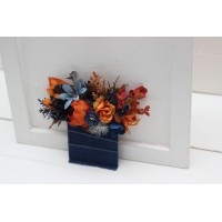 Pocket boutonniere in navy blue rust color scheme. Flower accessories. Square flowers. 5219