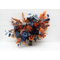 Wedding bouquets in navy blue rust colors. Bridal bouquet. Cascading bouquet. Faux bouquet. Bridesmaid bouquet. 5219