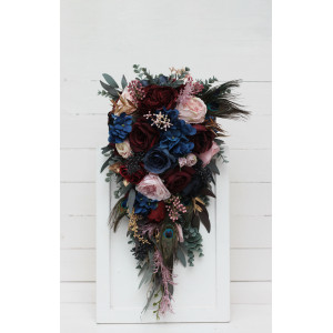 Wedding bouquets in burgundy navy blue gold pink colors. Bridal bouquet. Peacock feathers  bouquet. Cascading bouquet. Faux bouquet. Bridesmaid bouquet. 5221