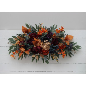  Flower arch arrangement in teal rust gold plum mustard colors.  Arbor flowers. Floral archway. Faux flowers for wedding arch. Jewel tone wedding. 5222