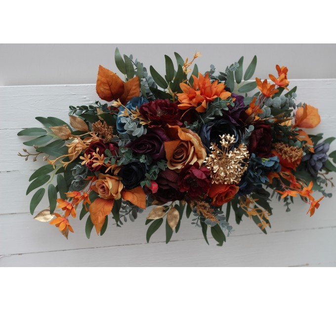  Flower arch arrangement in teal rust gold plum mustard colors.  Arbor flowers. Floral archway. Faux flowers for wedding arch. Jewel tone wedding. 5222