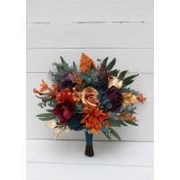 Wedding bouquets in teal rust gold plum mustard colors. Bridal bouquet. Cascading bouquet. Faux bouquet. Bridesmaid bouquet. Jewel tone theme wedding.   5222