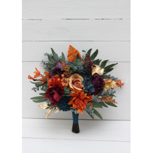 Wedding bouquets in teal rust gold plum mustard colors. Bridal bouquet. Cascading bouquet. Faux bouquet. Bridesmaid bouquet. Jewel tone theme wedding.   5222
