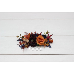 Flower comb in rust orange burgundy navy blue color scheme. Wedding accessories for hair. Bridal flower comb. Bridesmaid floral comb. 0043