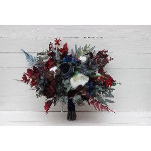 Wedding bouquets in navy blue white burgundy colors. Bridal bouquet. Cascading bouquet. Faux bouquet. Bridesmaid bouquet. 5224