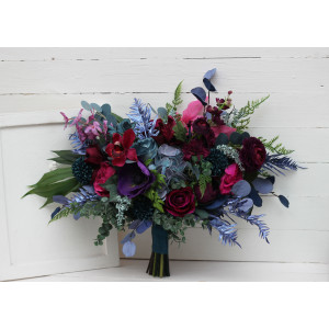 Wedding bouquets in teal, magenta, blue and purple  colors. Bridal bouquet. Cascading bouquet. Faux bouquet. Bridesmaid bouquet. Jewel-tone wedding. 5225