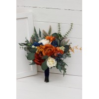 Bridesmaid bouquet. Small bridal bouquet. Burnt orange ivory navy blue bouquet. Fall wedding. Silk flowers. Boho wedding. Faux bouquet. 5029