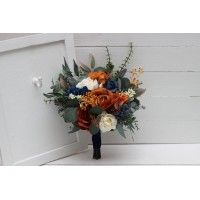 Bridesmaid bouquet. Small bridal bouquet. Burnt orange ivory navy blue bouquet. Fall wedding. Silk flowers. Boho wedding. Faux bouquet. 5029