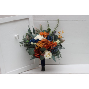 Bridesmaid bouquet. Small bridal bouquet. Burnt orange ivory navy blue bouquet. Fall wedding. Silk flowers. Boho wedding. Faux bouquet. 5029
