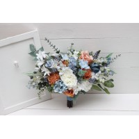 Spring summer wedding. White terracotta dusty blue flowers. Faux bouquet. Bridal bouquet. Silk flowers. Boho wedding. Cascading bouquet. Bridesmaid bouquet. 5227