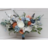 Spring summer wedding. White terracotta dusty blue flowers. Faux bouquet. Bridal bouquet. Silk flowers. Boho wedding. Cascading bouquet. Bridesmaid bouquet. 5227