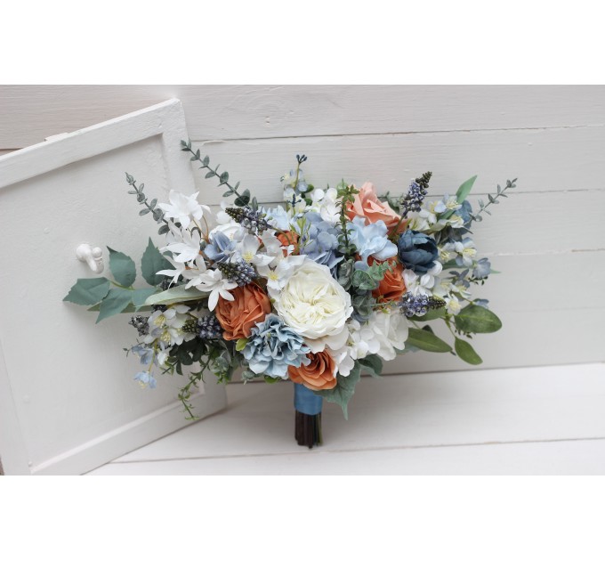 Spring summer wedding. White terracotta dusty blue flowers. Faux bouquet. Bridal bouquet. Silk flowers. Boho wedding. Cascading bouquet. Bridesmaid bouquet. 5227