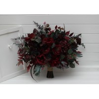 Wedding bouquets in burgundy color . Bridal artificial bouquet in classic and cascade shape. Bridesmaid bouquet. Moody wedding. 5230