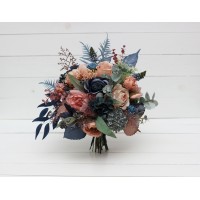 Wedding bouquets in navy blue dusty rose colors. Bridal bouquet. Cascading bouquet. Faux bouquet. Bridesmaid bouquet. 5245